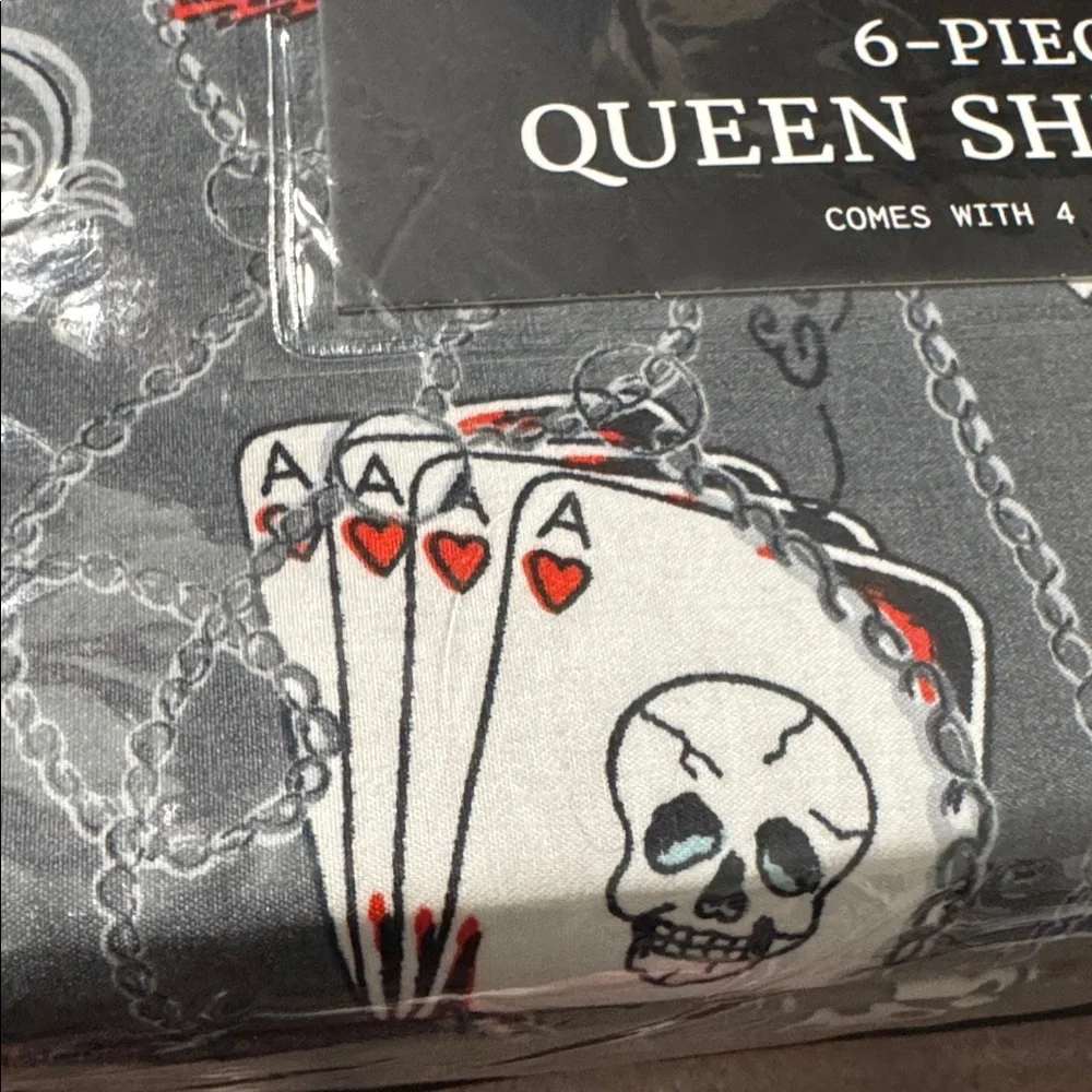 Ed Hardy 6-Piece Queen Sheet Set w/ a grey background of chains & other tattoos - Picture 5 of 10